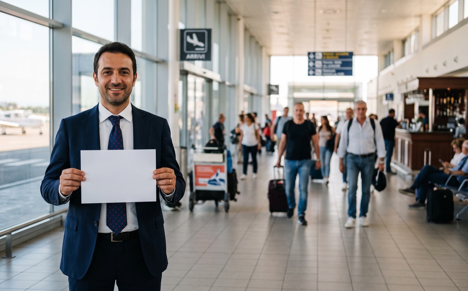 Autista agli arrivi con il cartello col nome